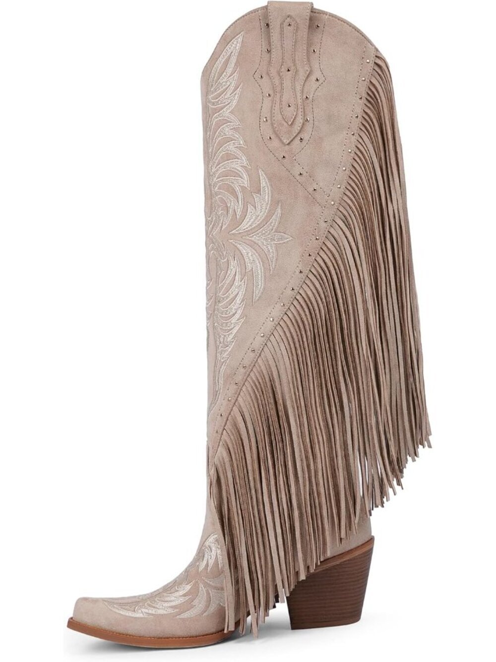 Women's Fringe Cowgirl Boots Beige Suede Embroidered Pointed Toe Chunky Heel - Picture 4 of 6